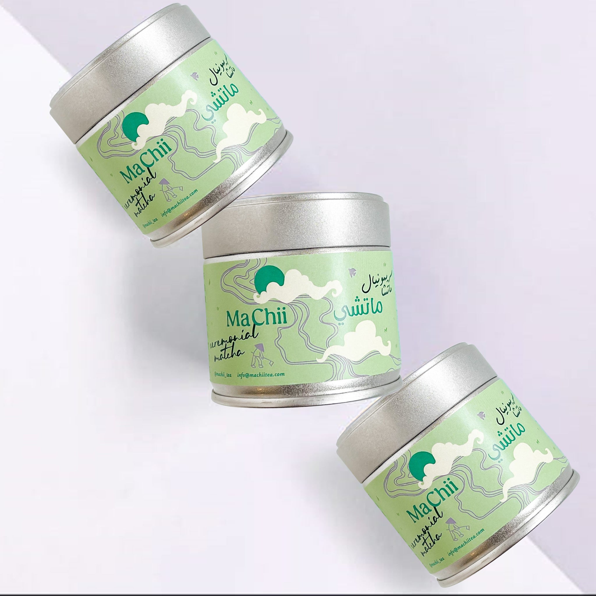 a bundle of 3 matcha latte tins. the tin are ceremonial grade matcha - for lattes. they have machii tea's logo on top.