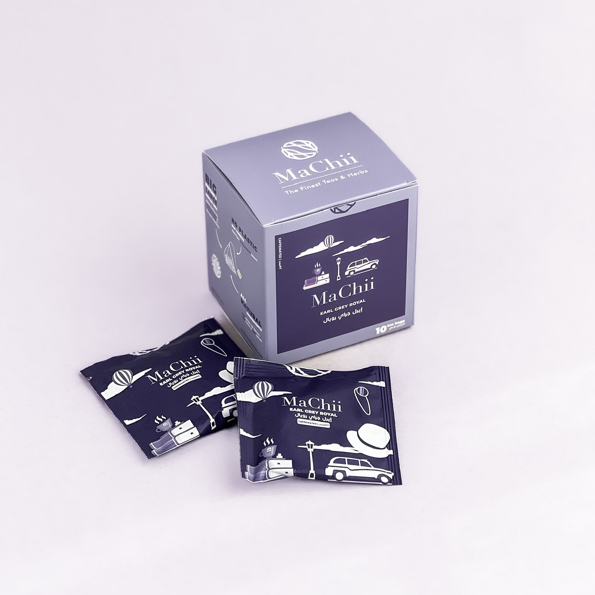 organic earl grey Royale envelope tea bags next to a paper box