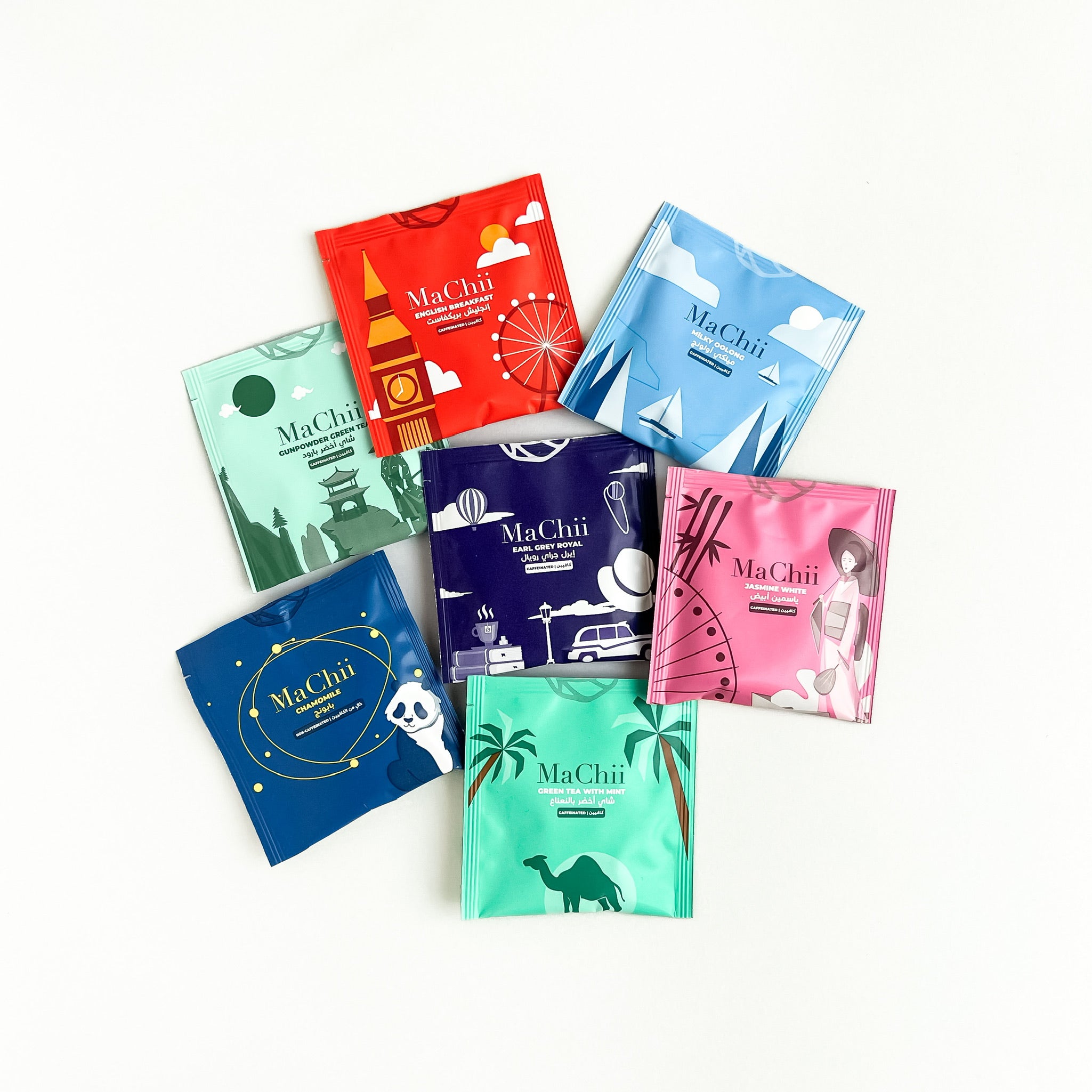 organic luxury tea envelopes. English breakfast, earl grey royal, chamomile, Japanese sencha green tea, jasmine white tea and milky oolong tea.