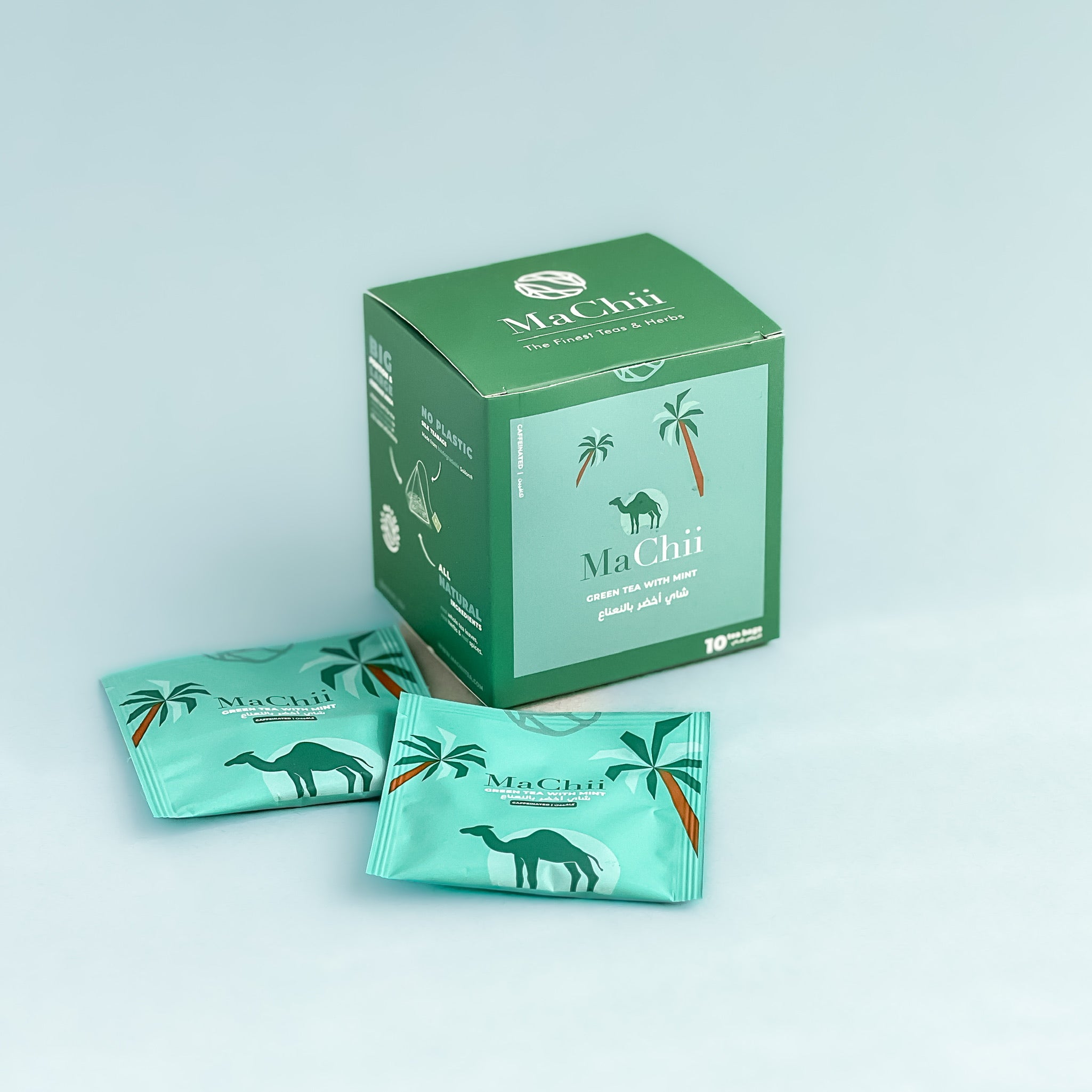organic gunpowder green tea with mint. the packaging has a pickier of a saudi camel and palm trees. the teabags are biodegradable and organic