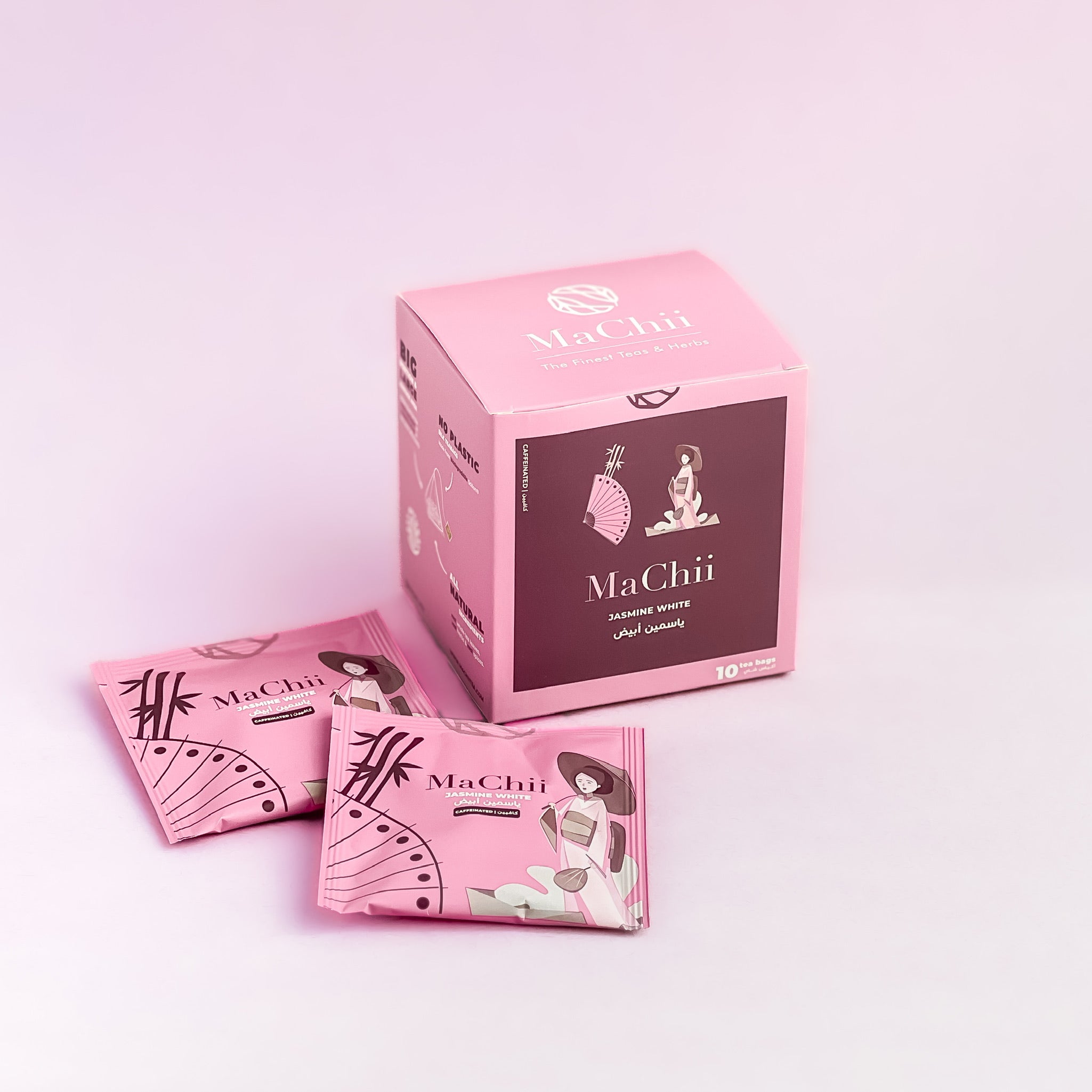 organic jasmine white tea bags wrapped in individual envelopes. a geisha and a Japanese fan cover the packaging 