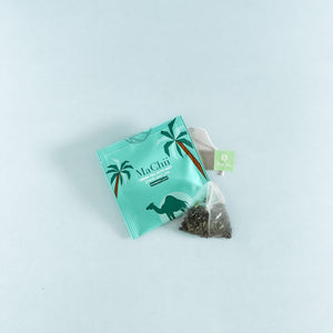 
                  
                    gunpowder green tea with mint wrapped in an enveloped machii tea pyramid tea bag
                  
                