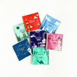 organic luxury tea envelopes. English breakfast, earl grey royal, chamomile, Japanese sencha green tea, jasmine white tea and milky oolong tea.
